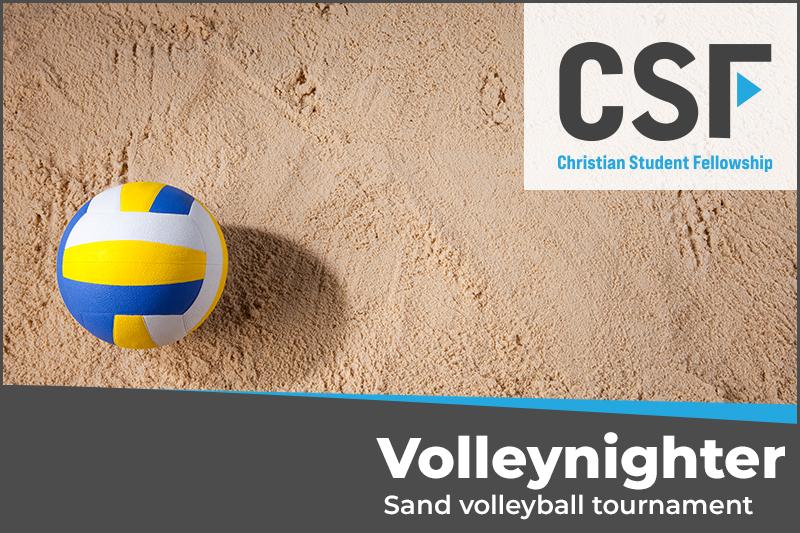 A volleyball on sand with "Volleynighter" text