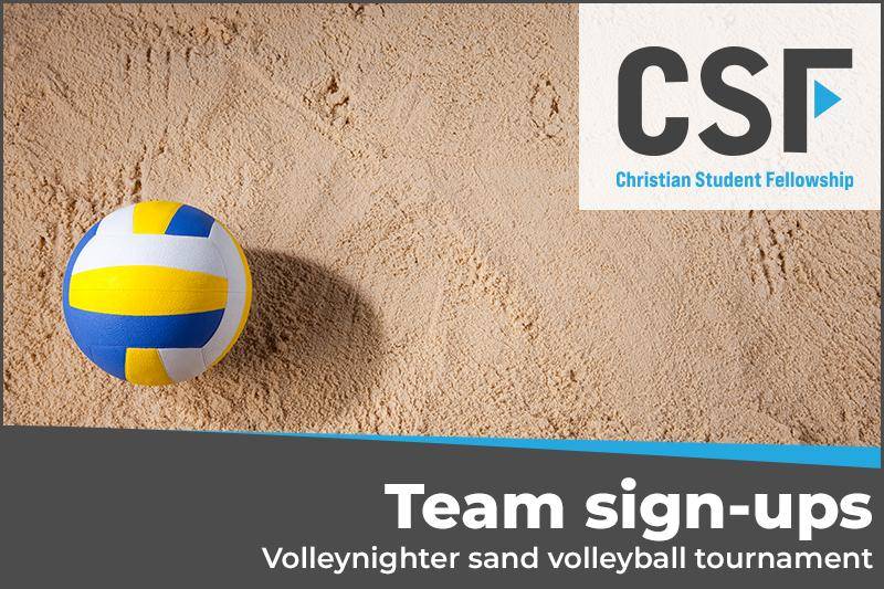 A volleyball in sand with the words "Team sign-ups"