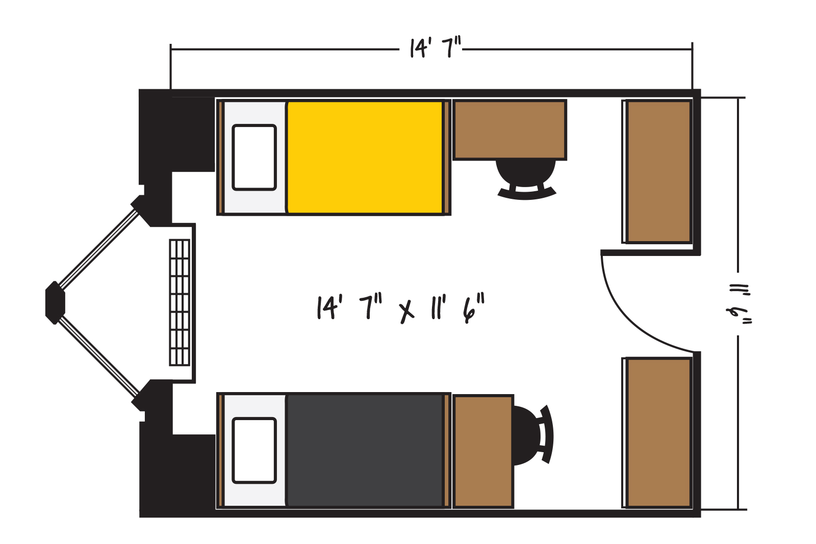 Floor plan for a double occupancy room in Bowen Hall
