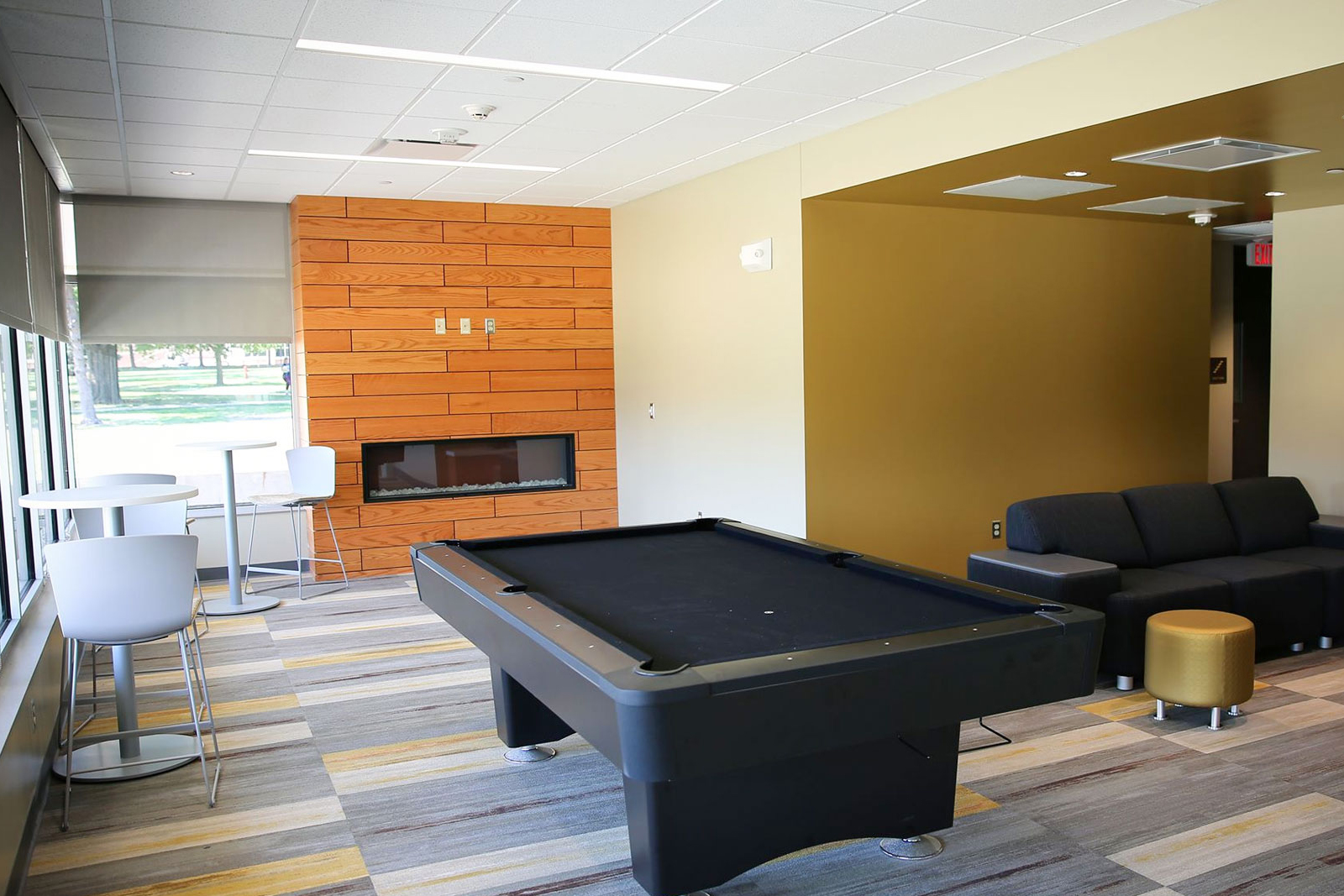 Game room and lounge area on the main floor of Bowen Hall