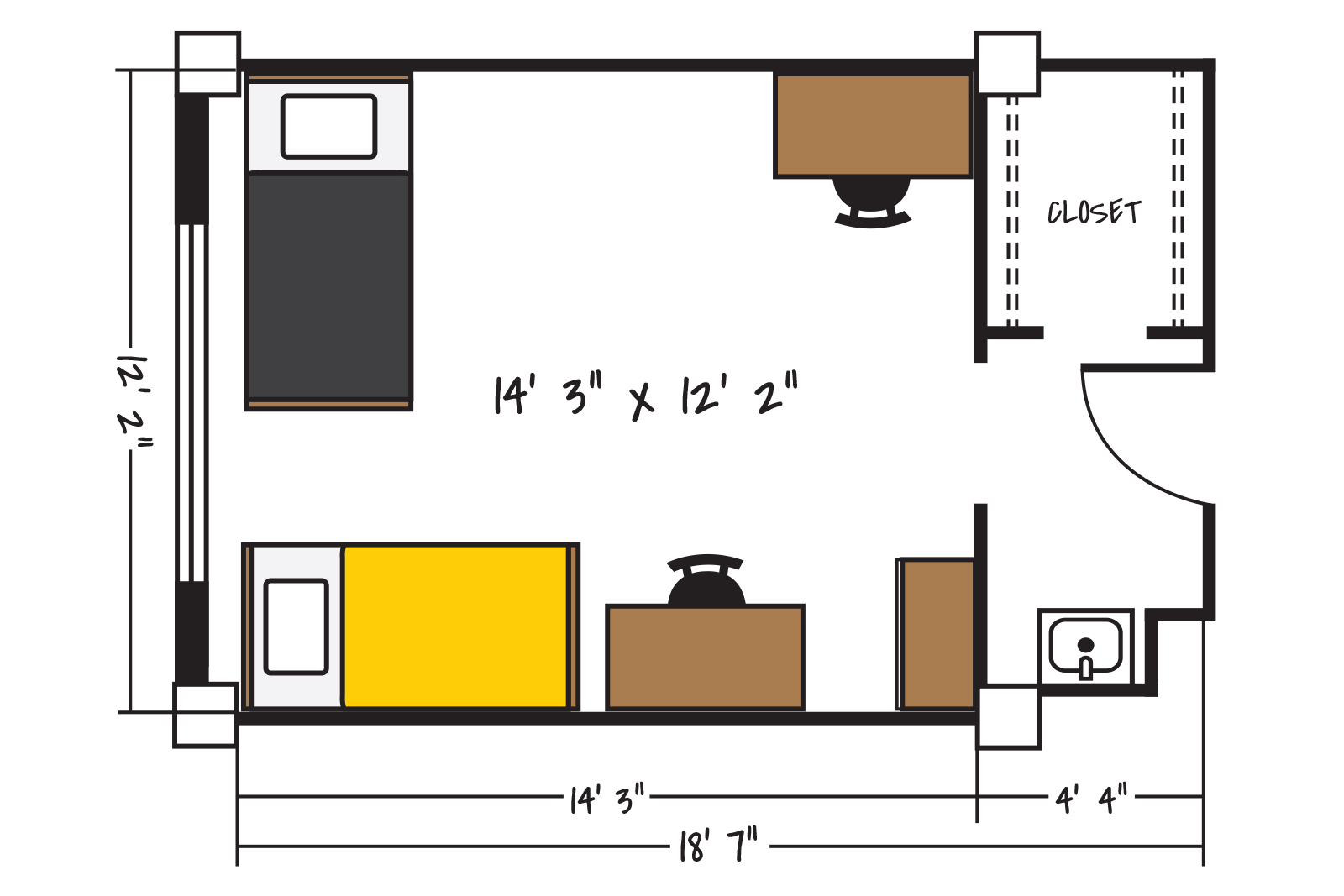 Floor plan for a double occupancy room in Morey Hall