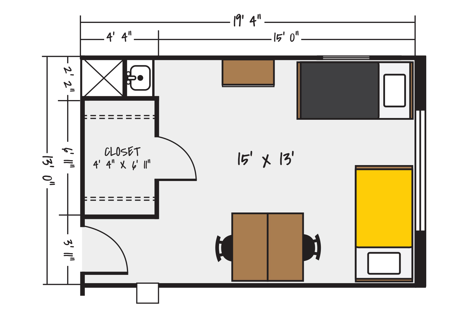 Floor plan for a double occupancy room in Neihardt Hall
