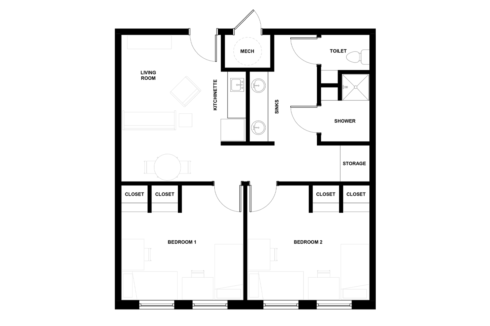 Floor plan for a two-bedroom suite with double occupancy rooms in Stearns Hall