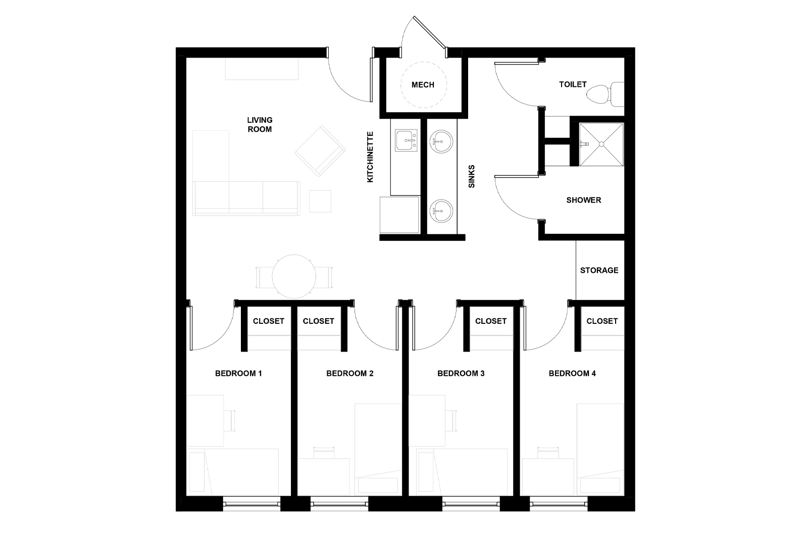 Floor plan for a four-bedroom suite with single occupancy rooms in Stearns Hall