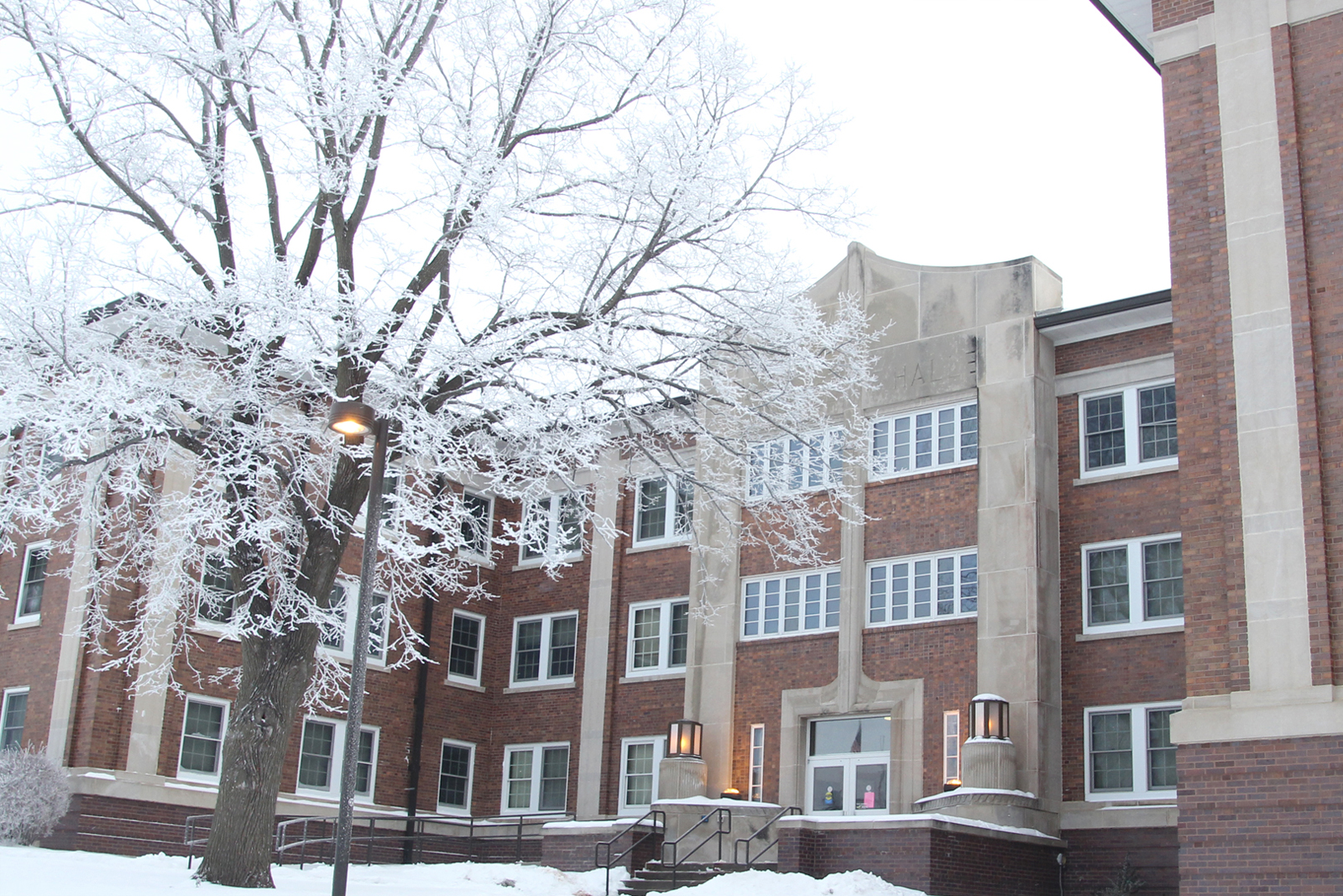 Exterior photo of Terrace Hall after winter snow