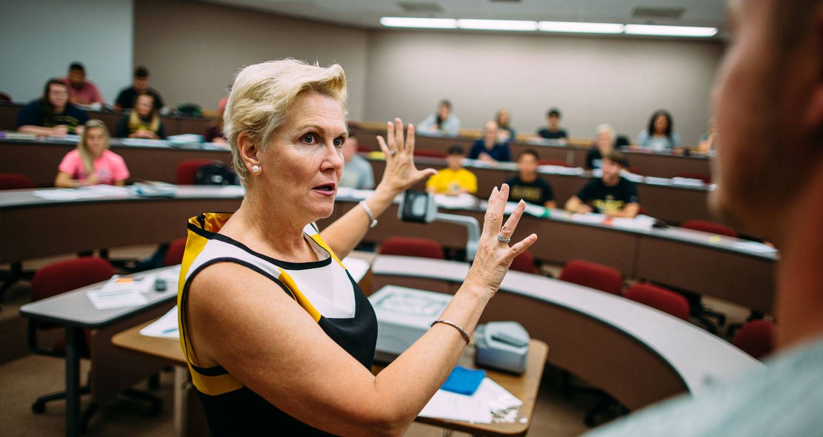 Dr. Pat Lutt leads a marketing class in Gardner Hall