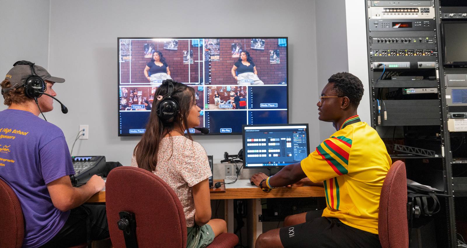 Students work in the video production studio at Wayne State