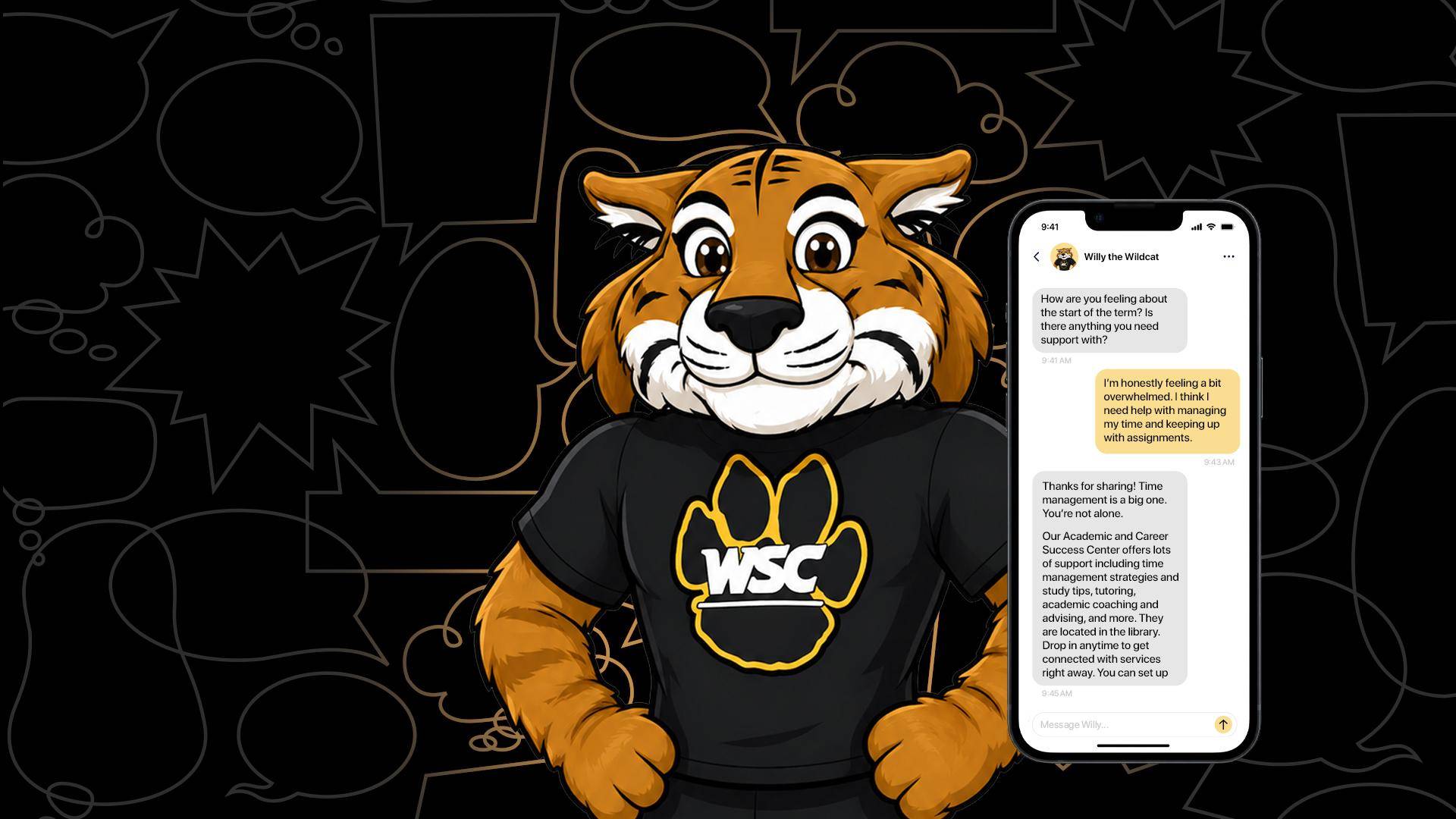 Willy the Wildcat next to a smartphone depicting a text conversation
