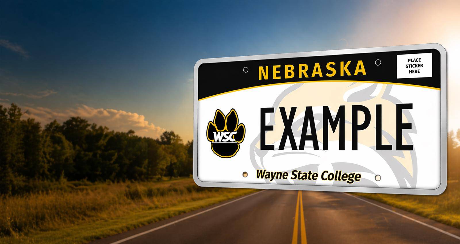 A mockup of the WSC license plate over a road background