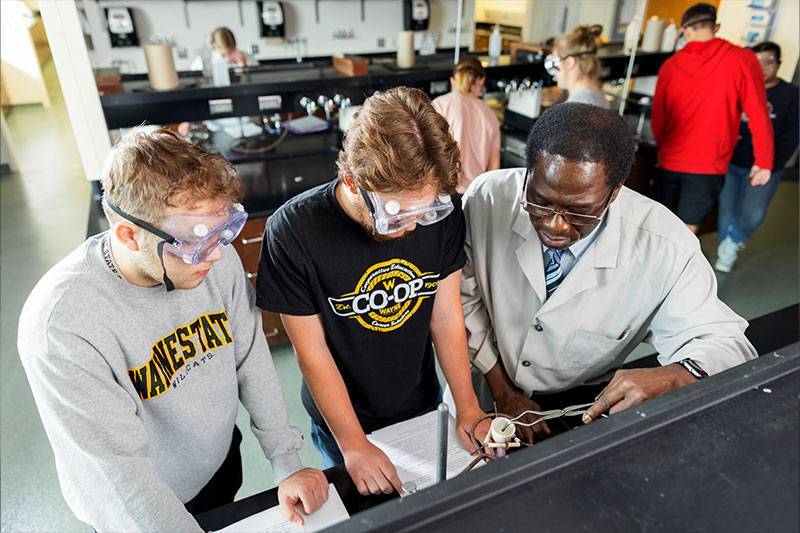 Chemistry education degree students work with a professor in the chemistry lab at WSC