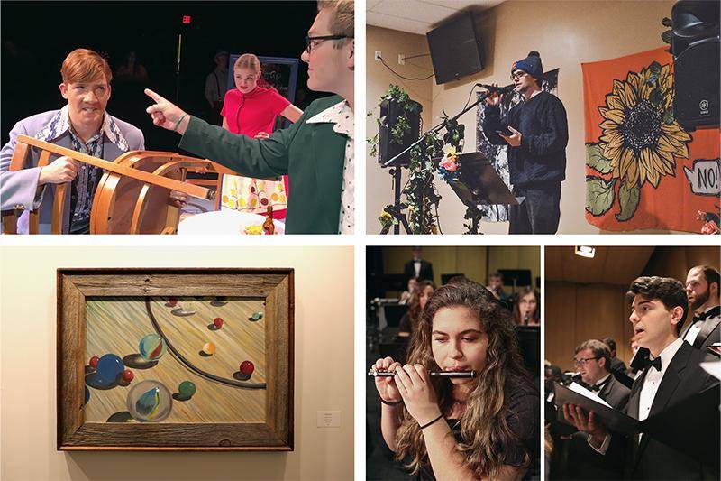 Images representing theatre, communication, art, and music in the School of Arts and Humanities