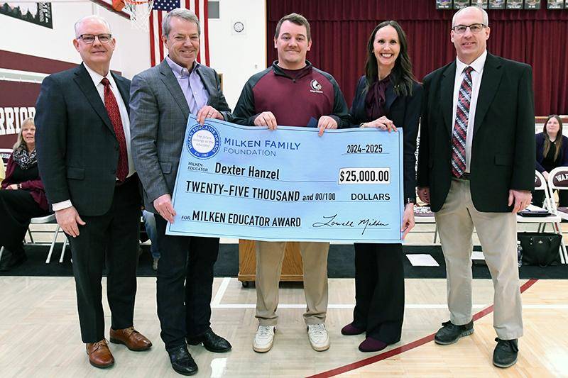 Dexter Hanzel '16 (center) received the Milken Educator Award.