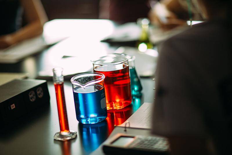 Liquid chemicals in the chemistry lab