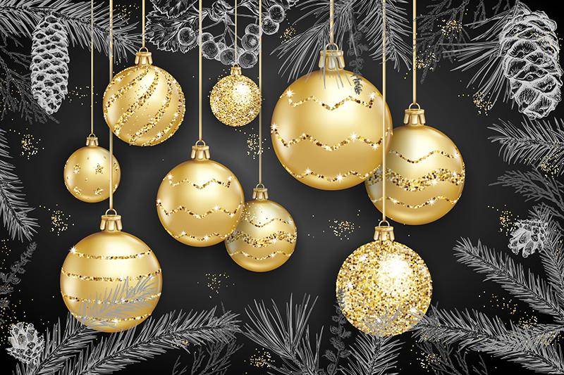Graphic showing gold ball ornaments on a black and white Christmas tree background