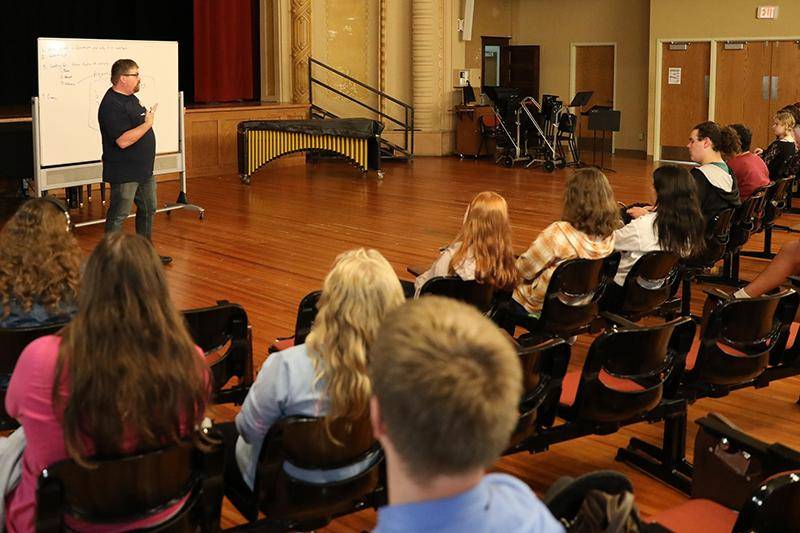 Rusty Ruth teaches a Drama Day workshop at Wayne State College.
