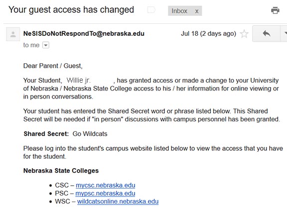 Parent access email granted access to parent