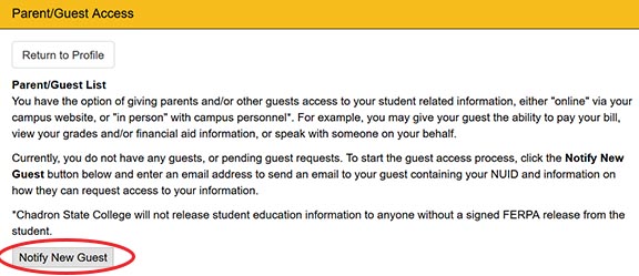 Parent access wildcatsonline notify new guest button