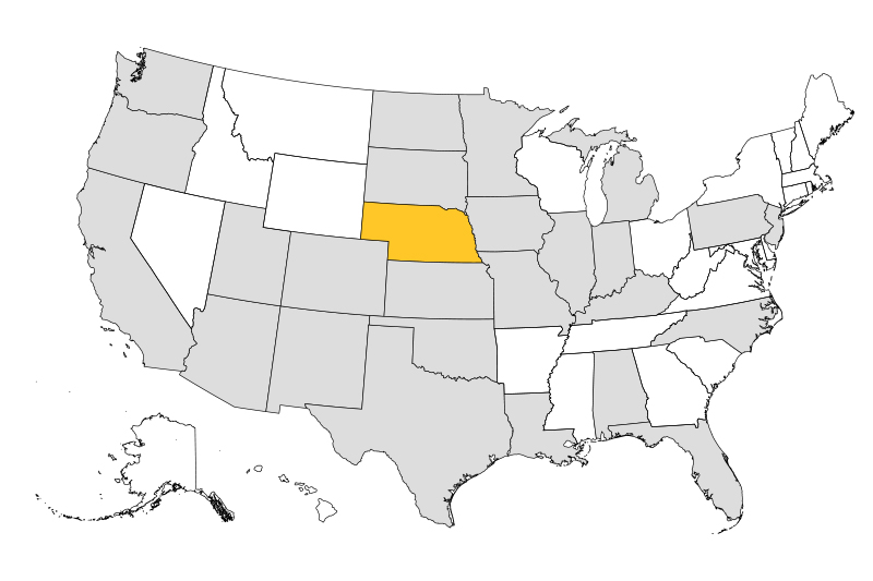 U.S. map showing graduate locations with Nebraska highlighted