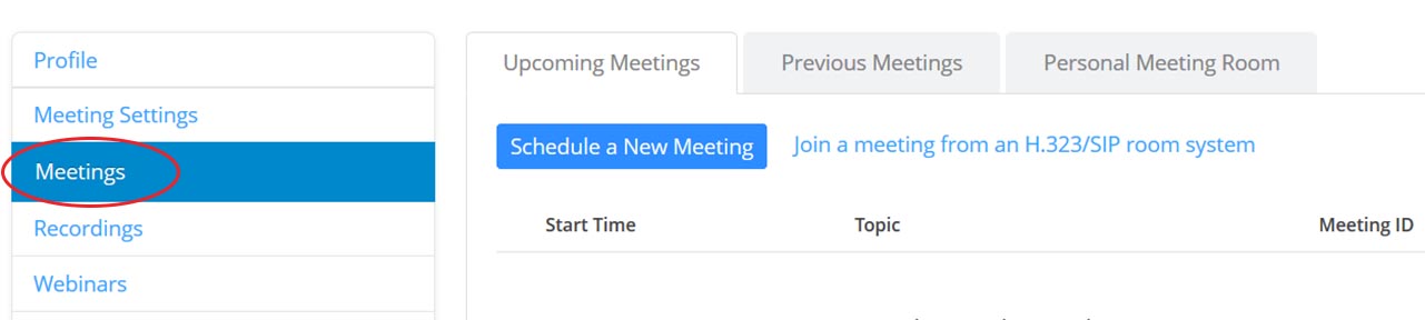 Zoom meetings menu