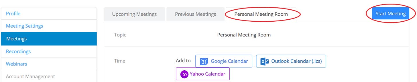 Zoom personal meeting room menu click start meeting